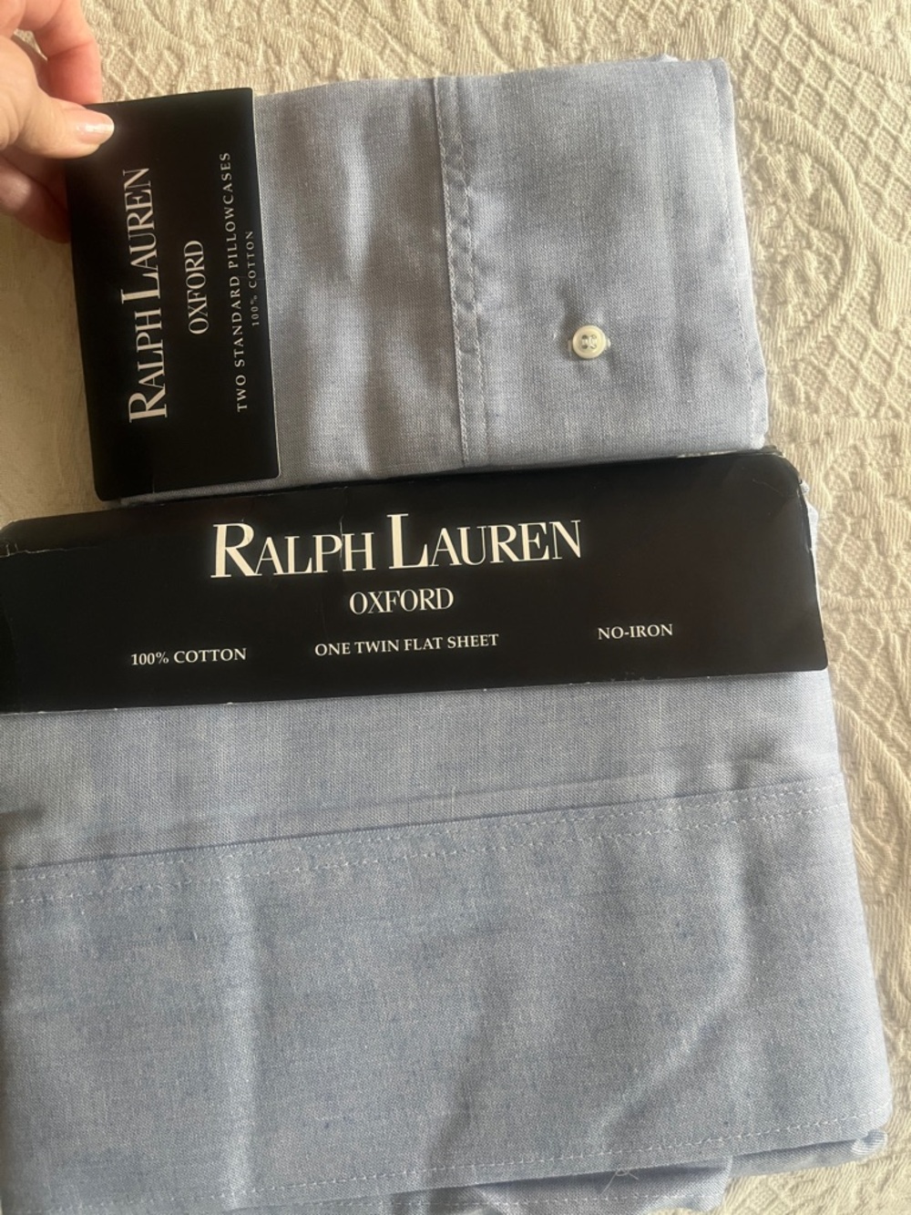 New Ralph Lauren 100% cotton Oxford  Blue Twin flat sheet & 2 pillowcases